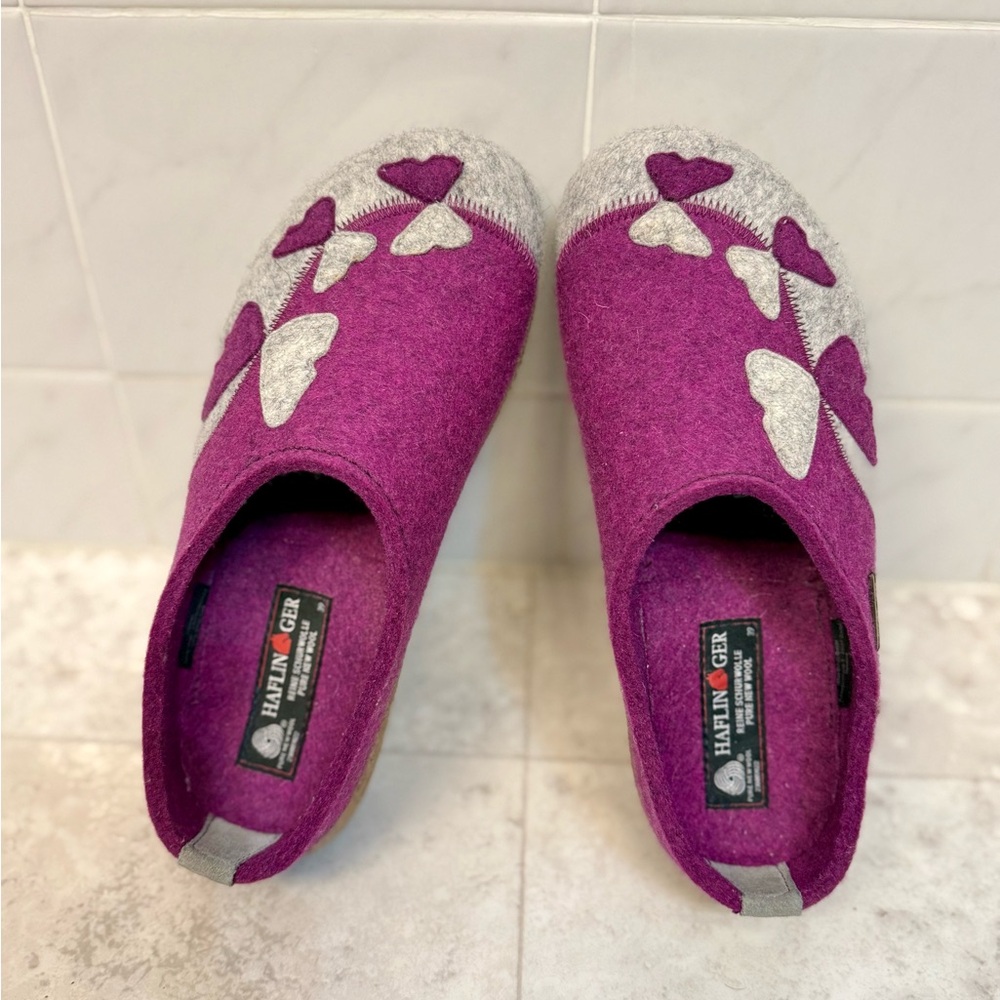 Haflinger 39 Women's Magenta and Gray Butterfly Clogs Slip On Pure New Wool